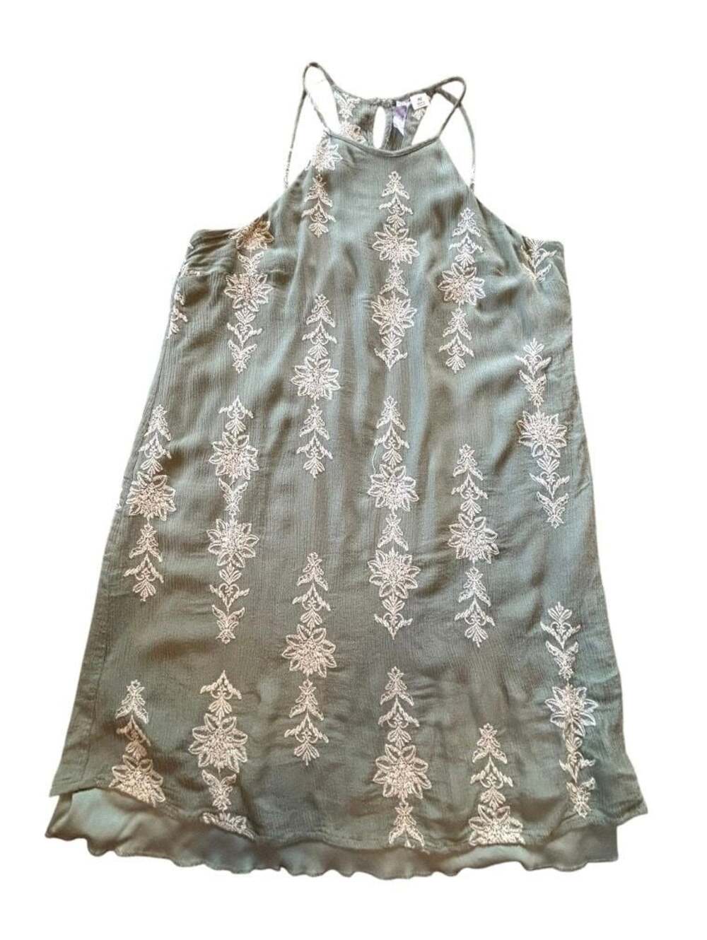 Aliya Olive Green Sleeveless Embroidered Floral Halter Dress